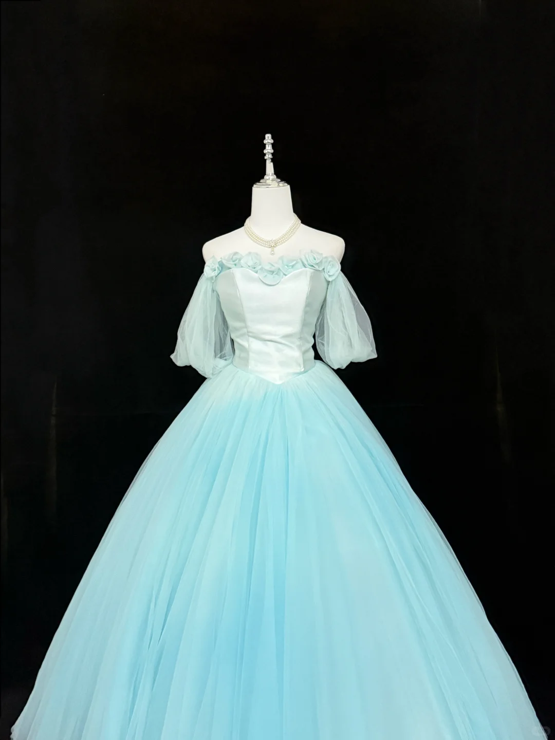 Elegant Blue Ball Gown Off The Shoulder Floral Tulle Long Prom Dress Party Gown SP2215