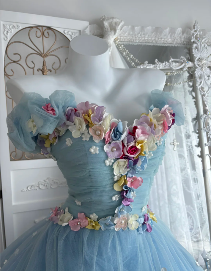 Sweet Strapless Tulle Appliques Ball Gown Blue Birthday Quinceanera Dress SP1446