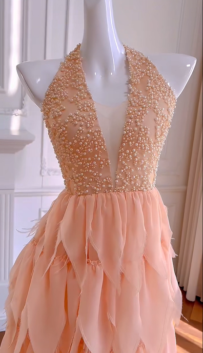 Pretty Halter Beaded Chiffon Cocktail Dress Orange A Line Homecoming Dress Y9048