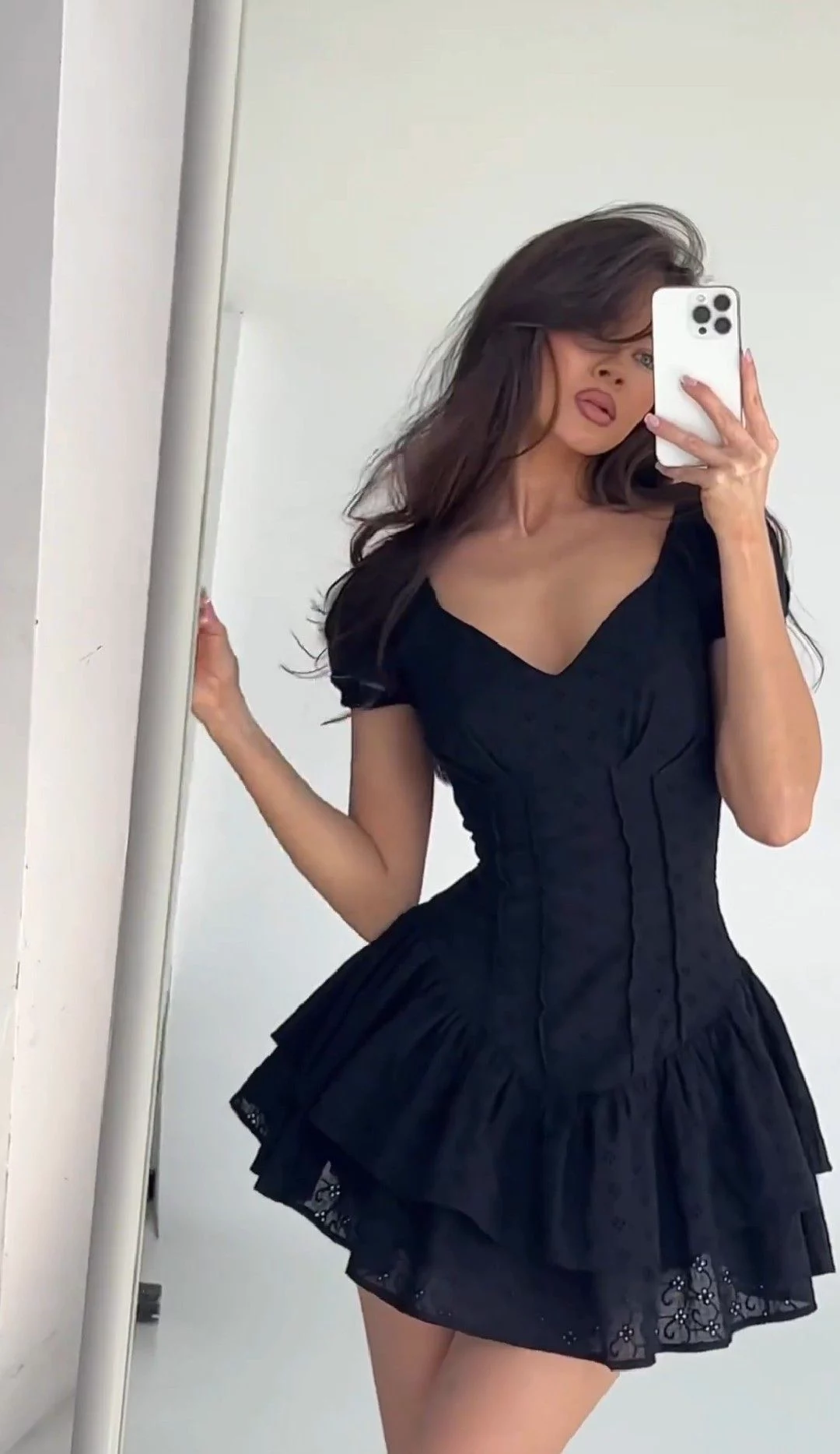 Sexy V Neck A Line Mini Cocktail Dress,Black Layered Ruffle Eyelet Lace Hem Short 6th Grade Homecoming Dress SP2741