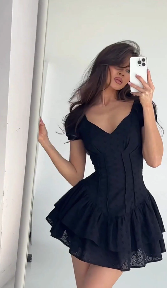 Sexy V Neck A Line Mini Cocktail Dress,Black Layered Ruffle Eyelet Lace Hem Short 6th Grade Homecoming Dress SP2741