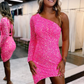 Cute Bodycon One Shoulder Hot Pink Sequins Short Homecoming Dresses Y1912