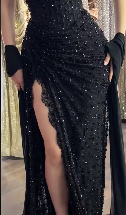 Elegant Black Strapless Tulle Beaded High Slit Mermaid Party Dress Long Prom Dress SP3277