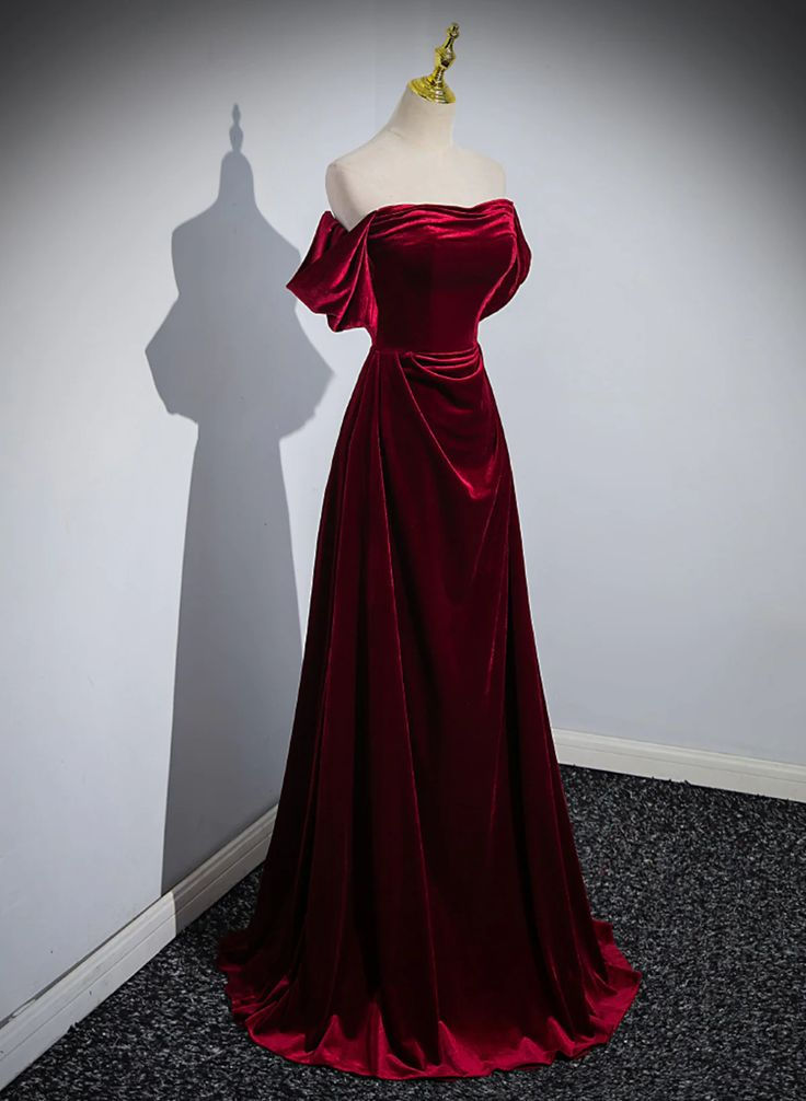 Wine Red Velvet Off Shoulder A-line Long Party Dress, Floor Length Prom Dress Y6605