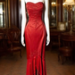 Fashion Sweetheart Neck Red Satin Beaded Mermaid Prom Gown Long Party Dress SP364