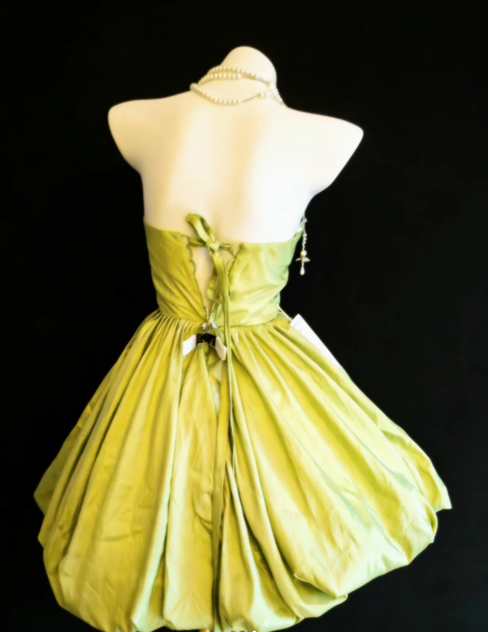 Simple Strapless Green Satin Pleated A Line Short Birthday Outfits Formal 8th Grade Homecoming Dress SP1630