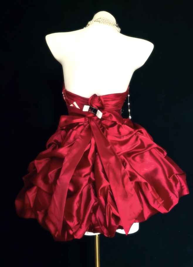 Cute Red Satin Pleated Beaded Short Homecoming Dress Birthday Outfits SP1625
