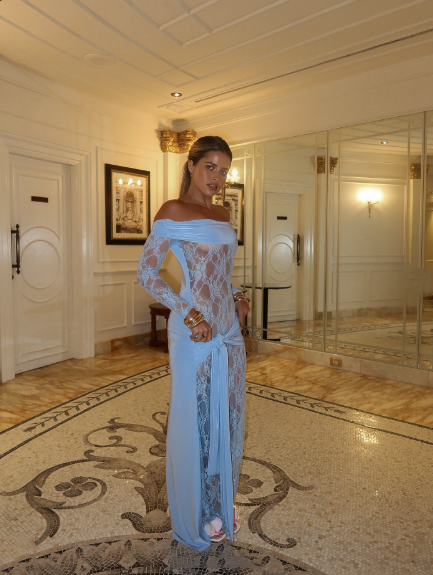 Charming Off The Shoulder Blue Lace Satin Mermaid Long Party Dress Birthday Prom Gown SP1343