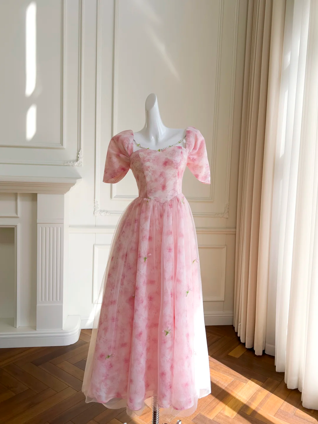 Cute Pink Chiffon Print Floral A Line Long Party Dress Birthday Prom Gown SP2569