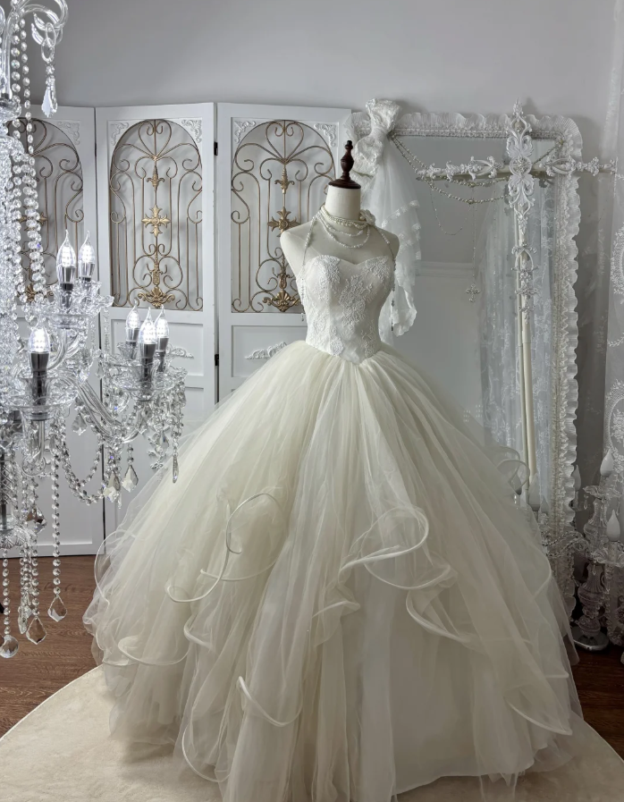 Classy Strapless Off White Lace Tulle Ball Gown Long Wedding Dress Bridal Dress SP1776