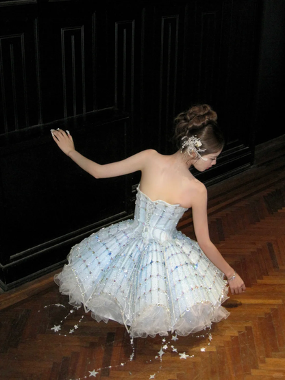 Glitter Blue Strapless Tulle Sequin Beaded A Line Princess Birthday Outfits Short 8th Homecoming Dress Y9210