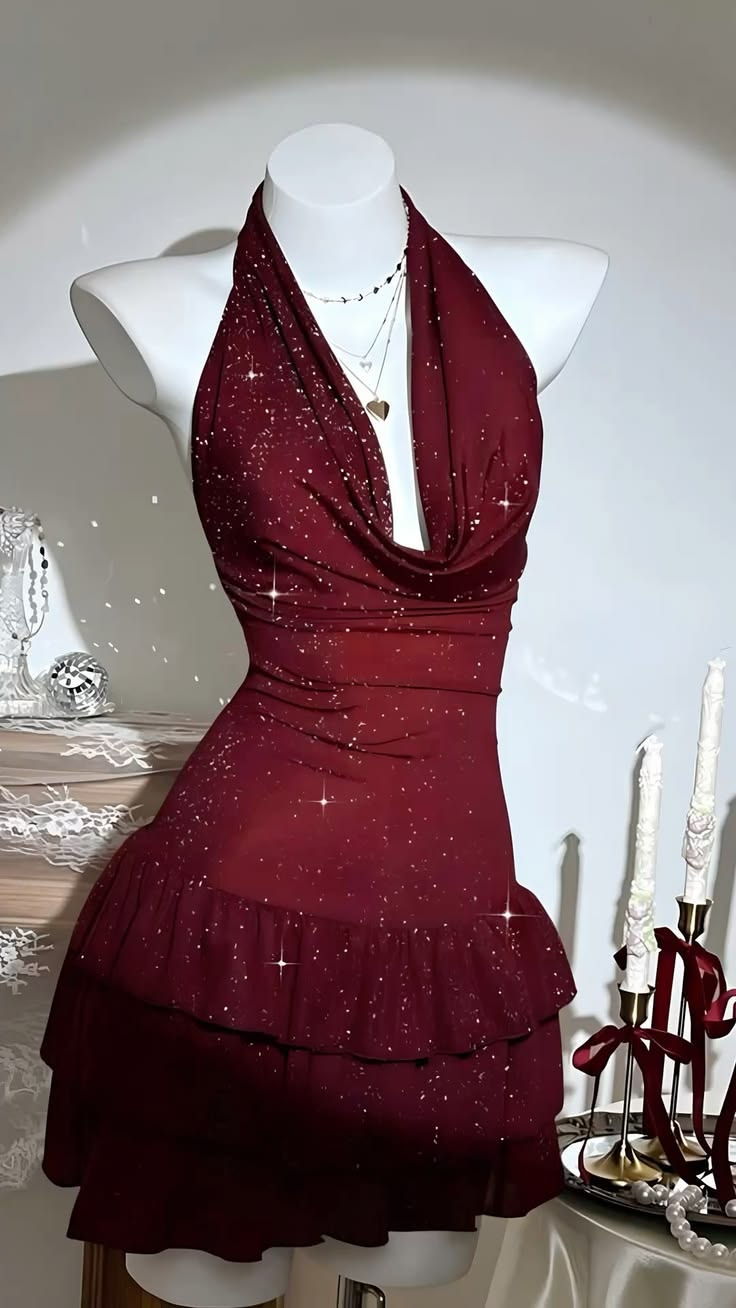 Sexy Halter Burgundy Chiffon Sequin Short Homecoming Dress Cocktail Dress SP2438