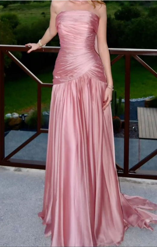 Elegant Strapless Satin Pleated Pink Mermaid Evening Dress Long Wedding Guest Dress SP917