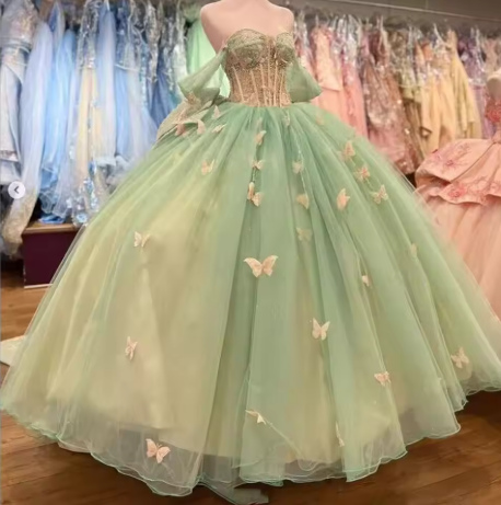 Stunning Green Tulle Princess Dress With Butterflies,Ball Gown,Sweet 15 Dress  Y5462
