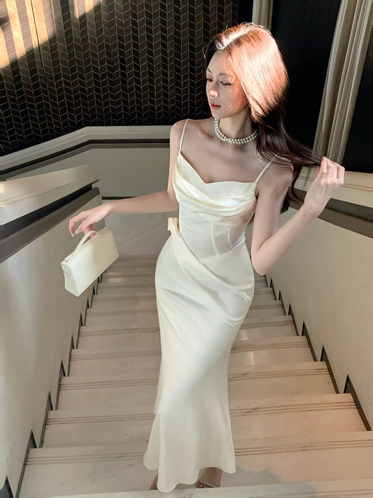 Classy Spaghetti Straps Satin Mermaid Long Wedding Guest Dress Light Apricot Party Dress SP1498