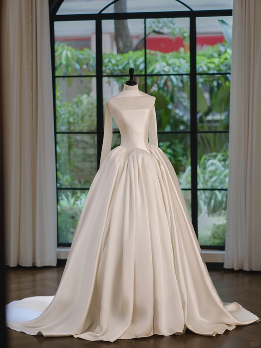Elegant Strapless White Satin Long Wedding Dress Bridal Dress Y9113