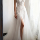 Pretty Sweetheart Neck Tulle Appliques Bridal Dress White Slit Long Wedding Dress SP846