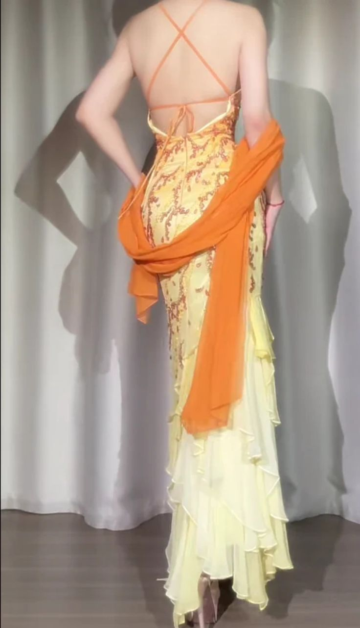 Pretty Spaghetti Straps Ombre Yellow Chiffon Sequin Beaded Mermaid Party Dress Long Prom Dresses SP1266