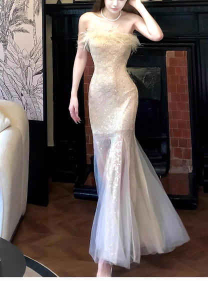 Sexy Feathers Strapless Sequin Tulle Mermaid Long Party Dress Formal 19th Birthday Outfits SP1991