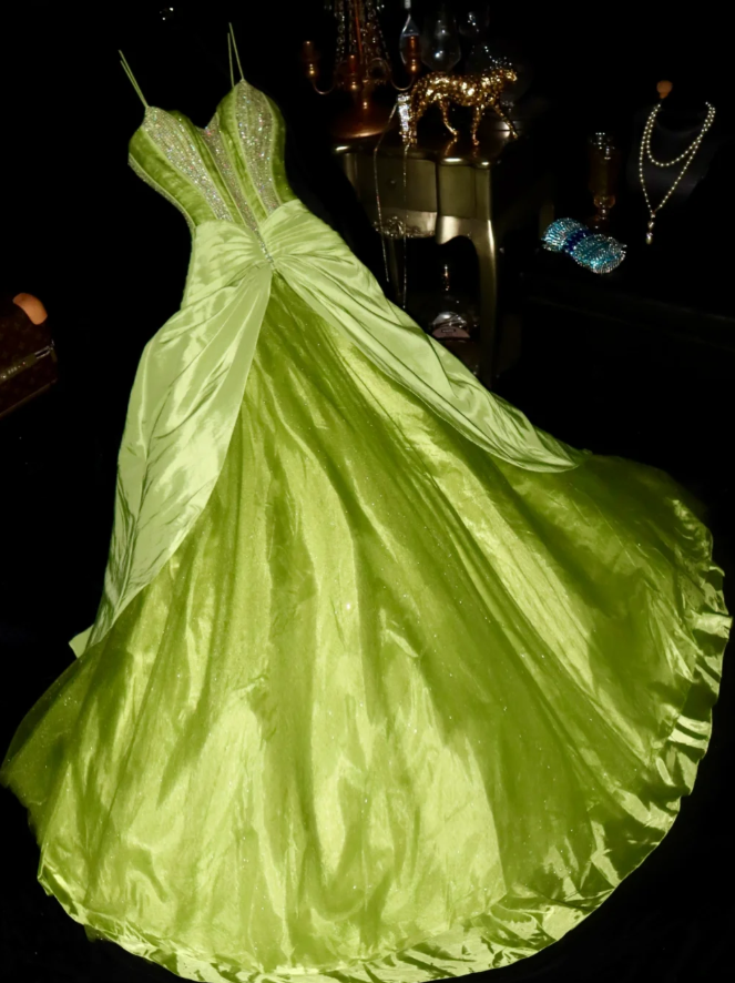 Pretty Spaghetti Straps Green Satin Tulle Sequin Mermaid Evening Dress Birthday Prom Gown SP713