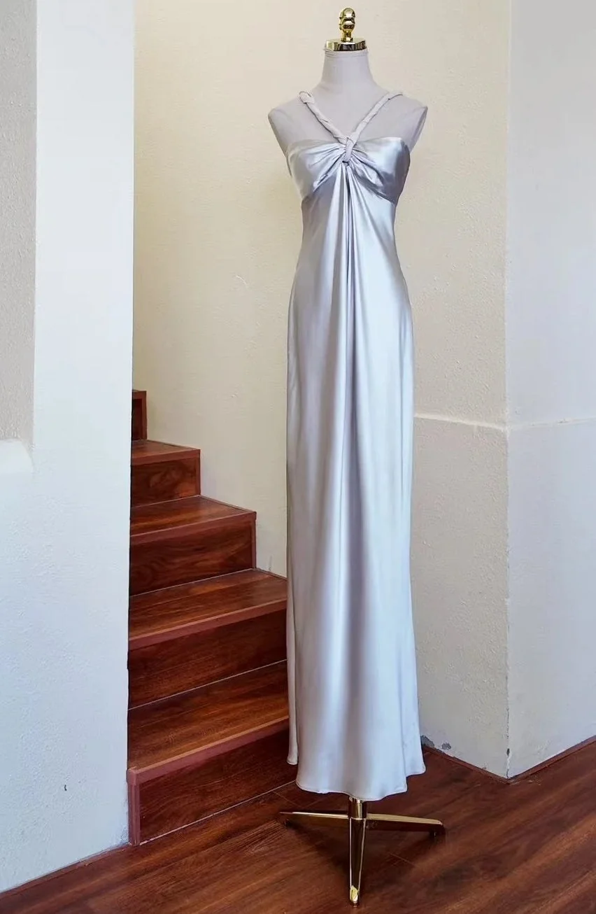 Elegant Satin Silver V-neck Long Wedding Guest Dress Long Birthday Party Dress SP3839