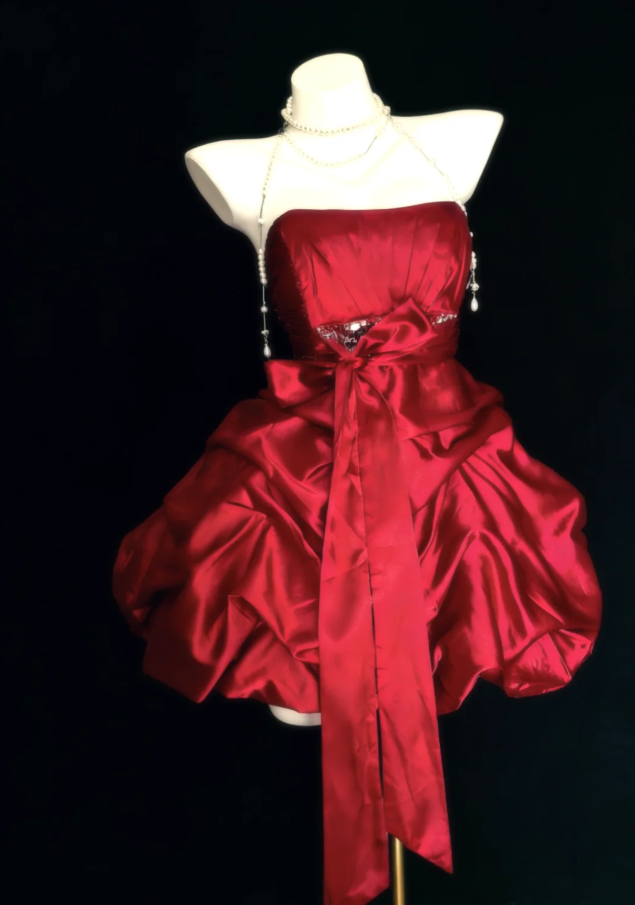 Cute Red Satin Pleated Beaded Short Homecoming Dress Birthday Outfits SP1625