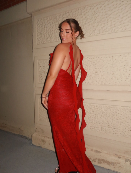 Pretty Spaghetti Straps V Neck Red Lace Backless Mermaid Party Dress Birthday Outfits SP897