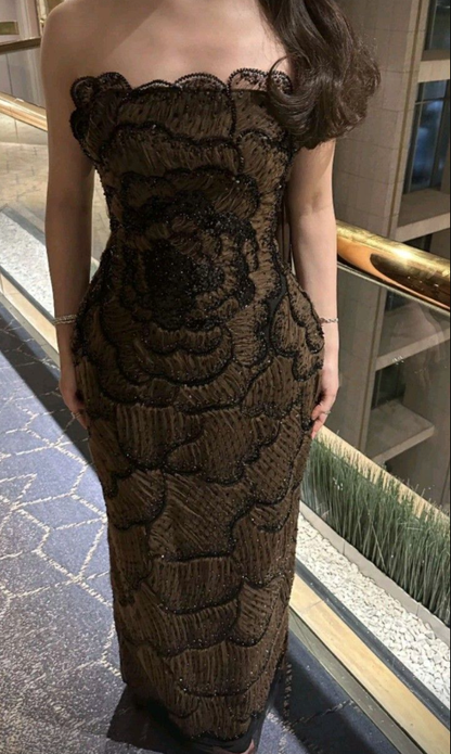 Vintage Brown Strapless Lace Beaded Sheath Long Prom Dress Party Dress SP891