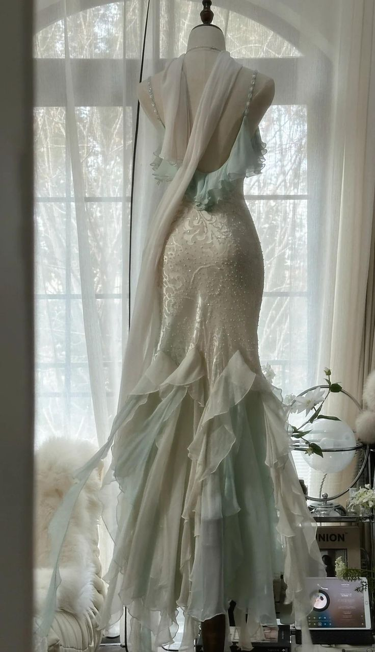 Classy Mint Green Temperament Mermaid Spaghetti Strap Chiffon Beaded Evening Dress Formal Prom Dress Y8546