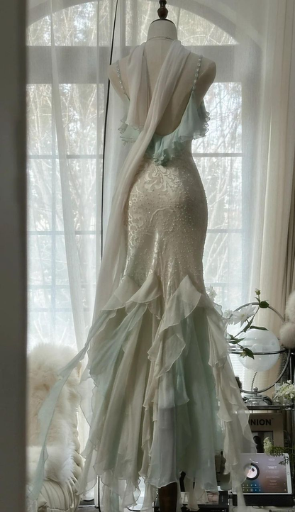 Classy Mint Green Temperament Mermaid Spaghetti Strap Chiffon Beaded Evening Dress Formal Prom Dress Y8546