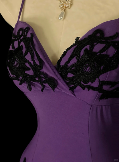Vintage Spaghetti Straps Purple Satin Tulle Layered Mermaid Long Party Dress Evening Gown SP4067