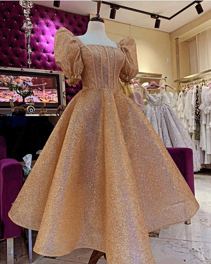 Elegant Gold Sequins Princess Puffy Short Sleeves Tea Length Prom Dres Simplepromdress Elegant Gold Sequins Princess Puffy Short Sleeves Tea Length Prom Dres Simplepromdress
