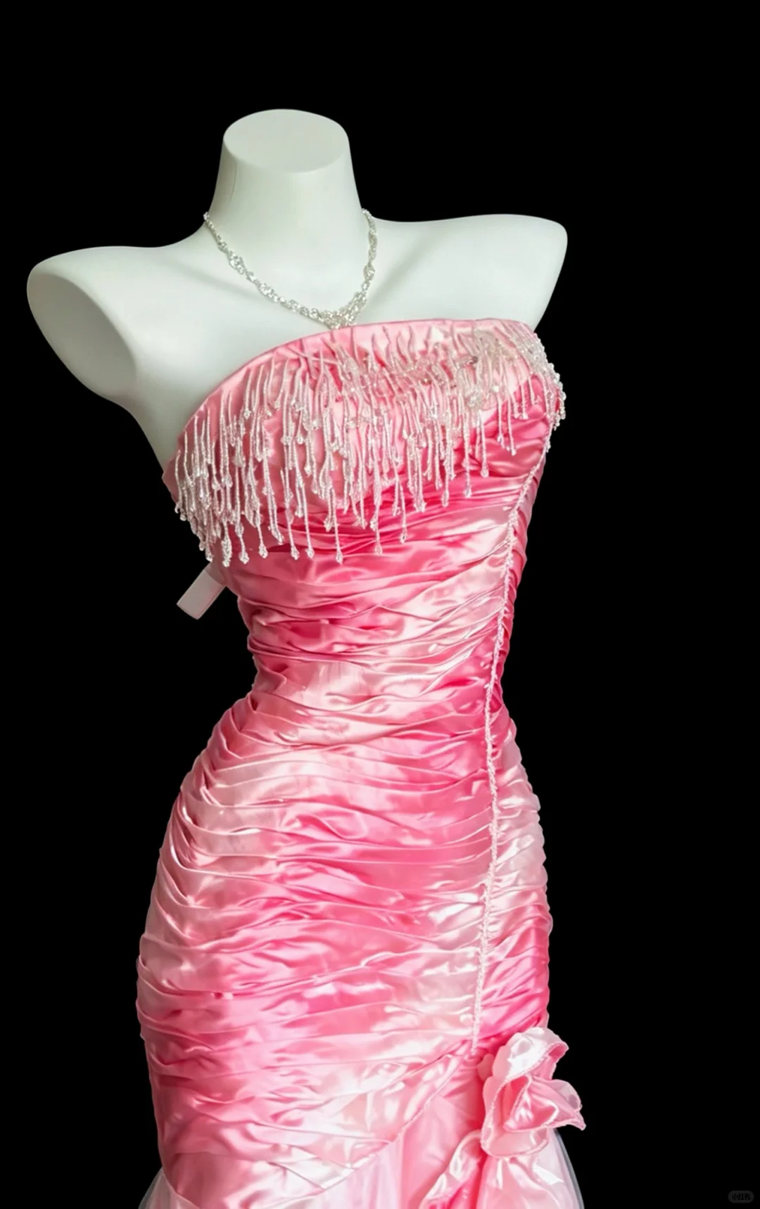 Dreamy Gradient Pink Strapless Satin Mermaid Formal Prom Gown, Crystal Fringe Trim Ruched Bodycon Ruffled Long Party Dress SP2738