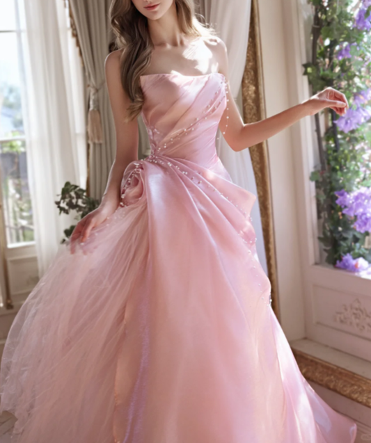 Fairy Pink Strapless Organza Pleated Beaded Long Birthday Party Dress Princess Prom Gowns SP2092