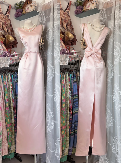 Cute Pink Sleeveless Satin Sheath Long Party Dress Formal Wedding Guest Dress With Bow SP1717