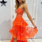 Chic Orange Strapless A-Line Lace Layered Appliques Prom Dress Slit Evening Dress  Y7885