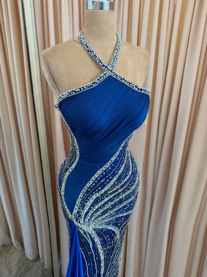 Gorgeous Blue Satin Beaded Sequin Mermaid Long Party Dress Halter Slit Long Prom Dresses SP4051