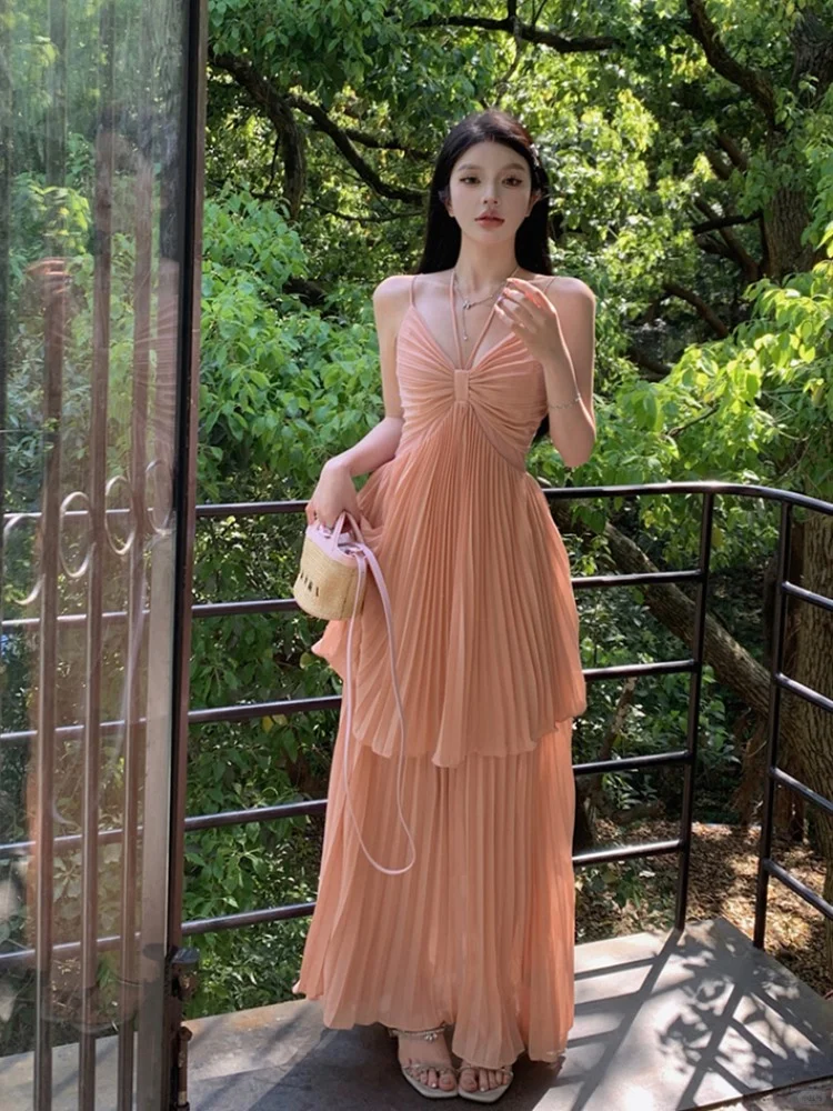 Classy Pink Orange Spaghetti Straps V Neck Chiffon Pleated Layered A Line Long Evening Dress Prom Dress SP2293