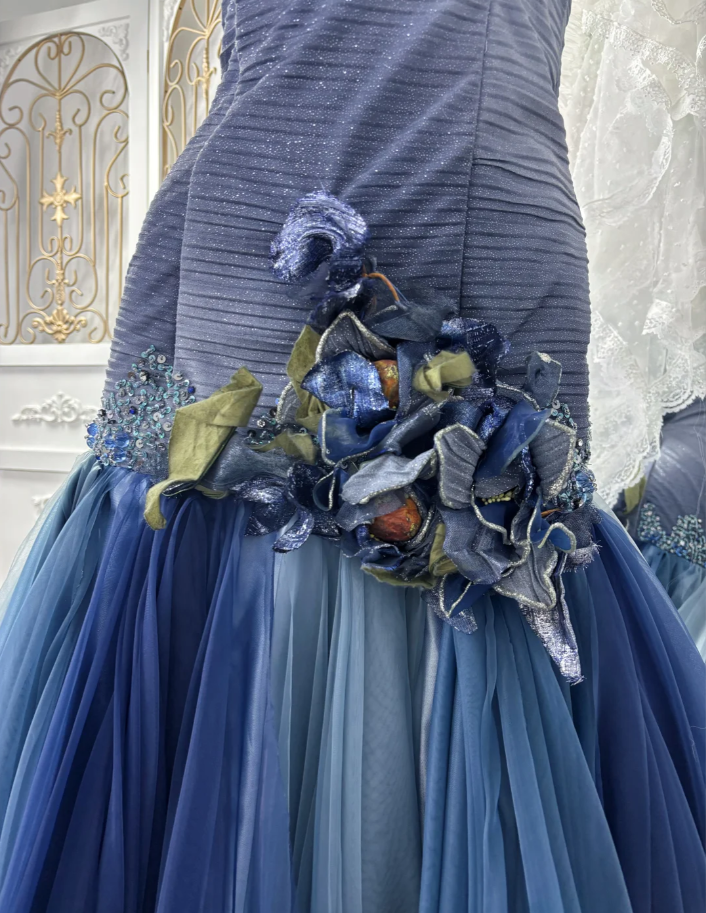 Shiny Strapless Navy Blue Tulle Sequin Beaded Mermaid Party Dress Long Wedding Guest Dress SP1442