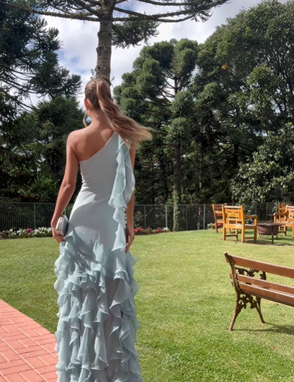 Classy Blue One Shoulder Ruffles Long Wedding Guest Dress Party Dress SP988