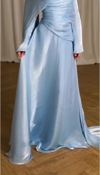 Elegant Blue Tulle Pleated Mermaid Long Party Dress Prom Gown Formal Wedding Guest Dress SP1312