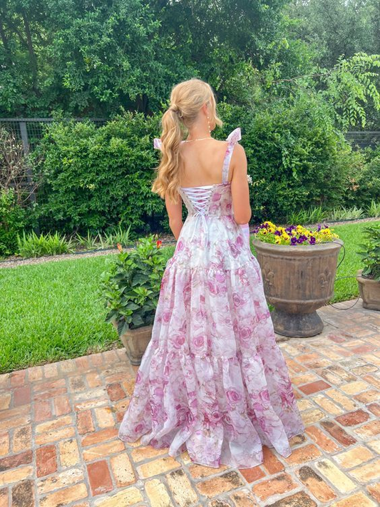 Chiffon A-line Floral Print Prom Dress Senior Prom Gown Y6747