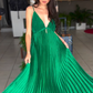 Green Spaghetti Straps Pleated V Neck Party Prom Dress A Line Evening Gown Y7958