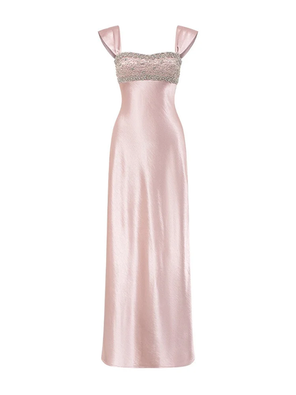 Classy Blue Satin Beaded Long Party Dress Formal Evening Dress SP2054