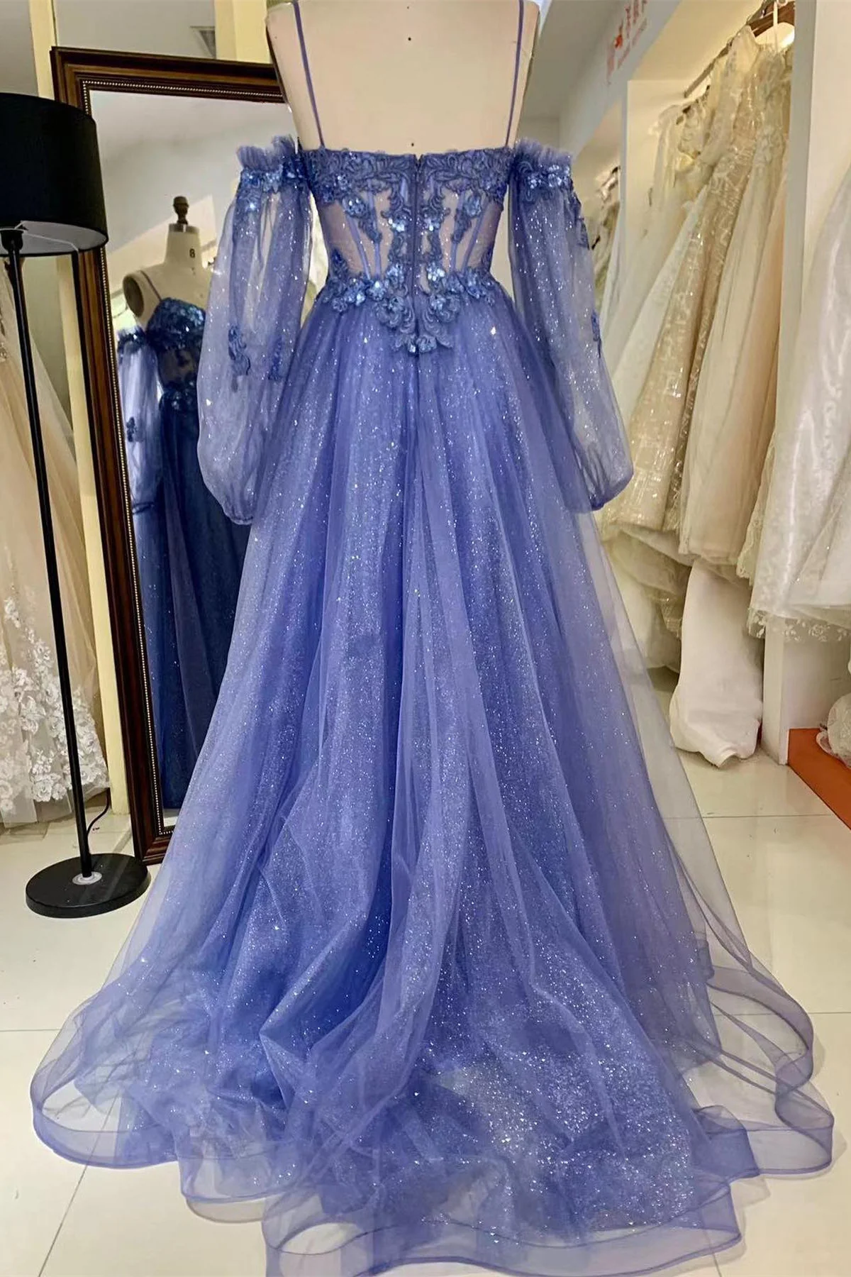Lavender Off-the-Shoulder Sequins Applique Boning Long Prom Dress Y4915