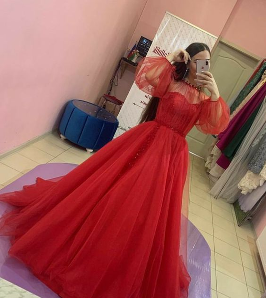 Elegant Red A-line Tulle Prom Dress,Red Formal Dress Y7194