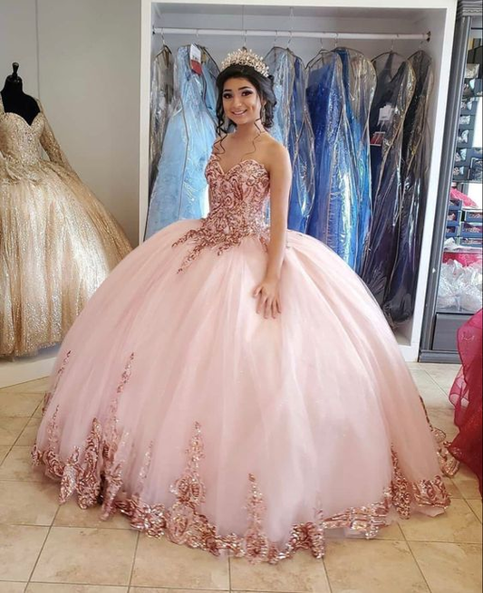Pink Sweetheart Neckline Ball Gown Quinceanera Dress Tulle Princess Dress Y6475