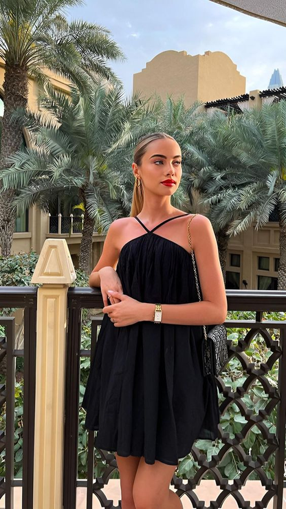 black one piece short dress Stretchy Black Mini Dress with Flattering Fit