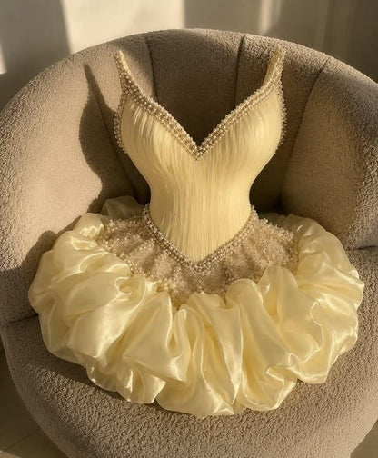 Elegant Yellow Satin Pearls Short Graduation Homecoming Dress Strapless Short Prom Dress SP4055
