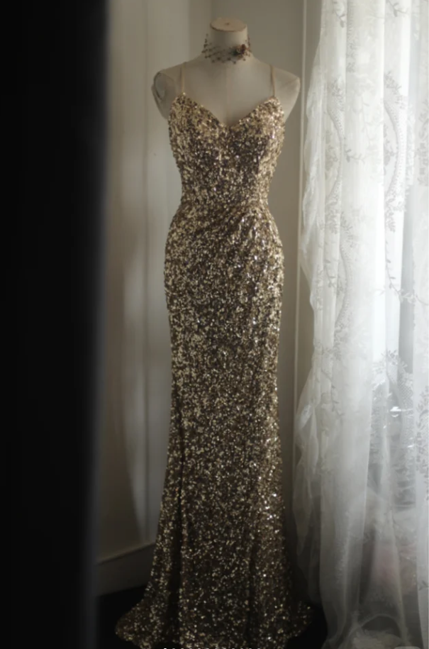 Pretty Spaghetti Straps Gold Sequin Slit Mermaid Long Wedding Guest Dress Birthday Party Gown SP1260